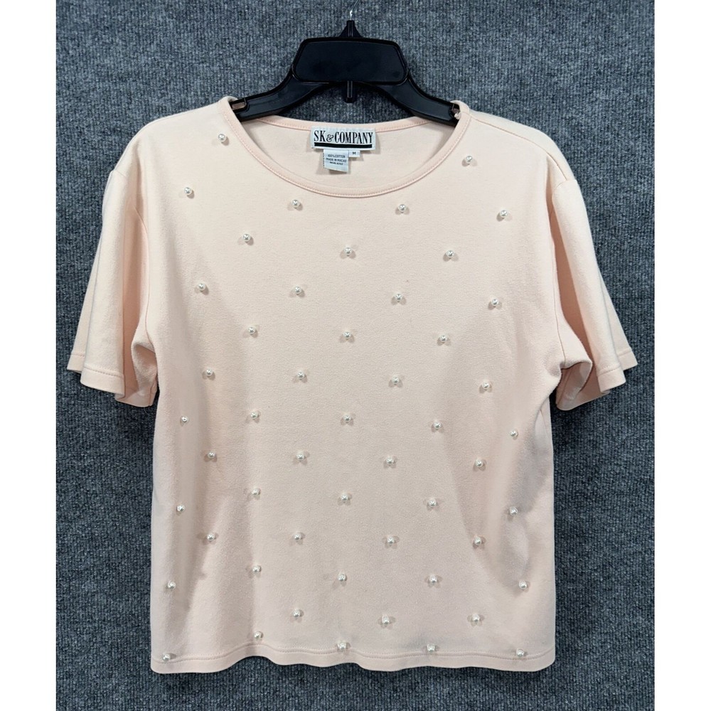 SK & Company‎ Top Pink Beaded Short Sleeve 100% Cotton Size Medium Shirt Womens